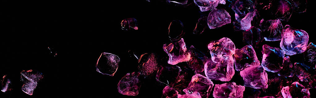 tiro panorâmico de cubos de gelo transparentes com luz roxa isolada em preto
 - Foto, Imagem