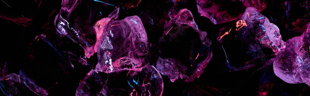 tiro panorâmico de cubos de gelo transparentes com iluminação roxa isolado em preto
 - Foto, Imagem