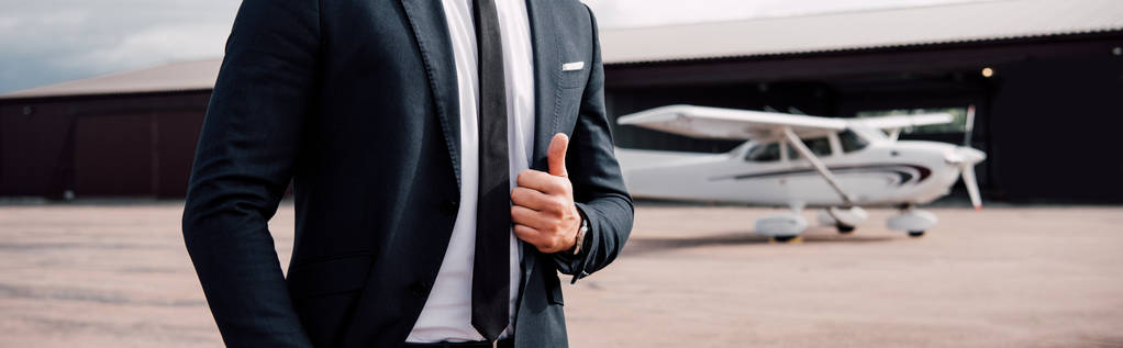 панорамный снимок бизнесмена в формальной одежде, стоящего перед самолетом и показывающего большой палец вверх
 - Фото, изображение
