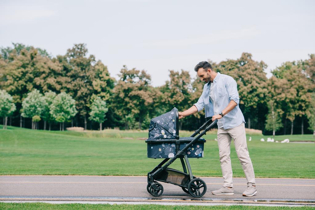 heureux père marche avec bébé landau dans le parc vert
 - Photo, image