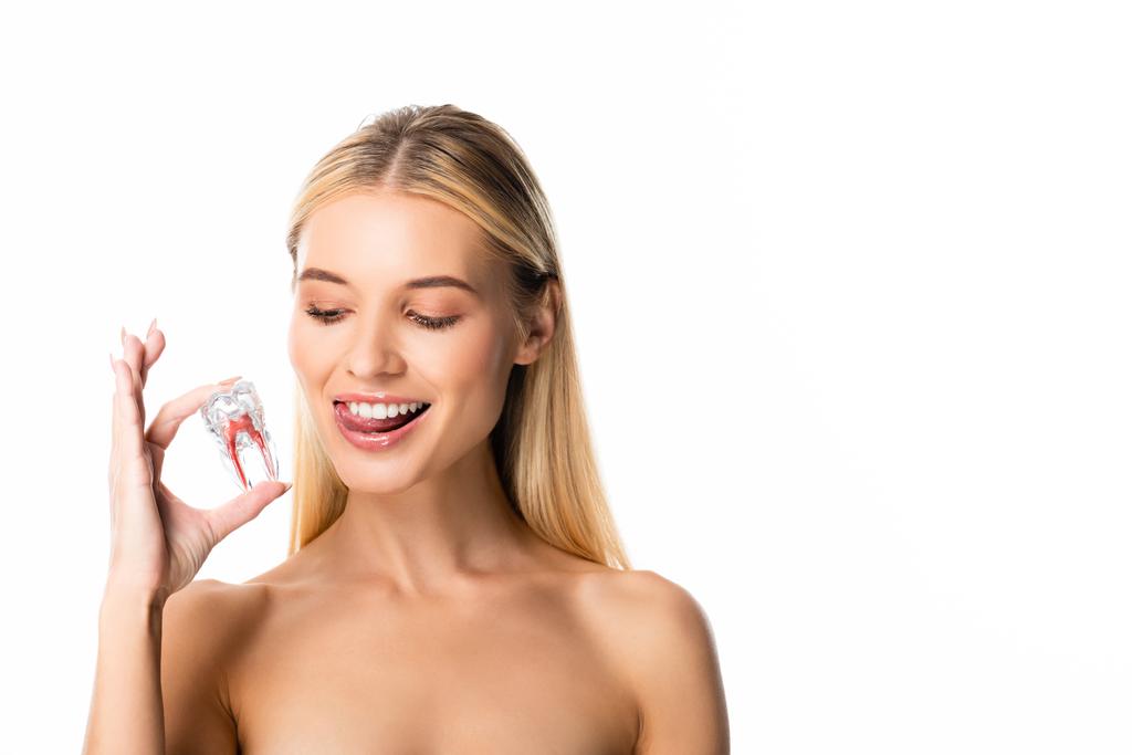 nackt lächelnde Frau mit weißen Zähnen beim Anblick des Zahnmodells isoliert auf weiß - Foto, Bild