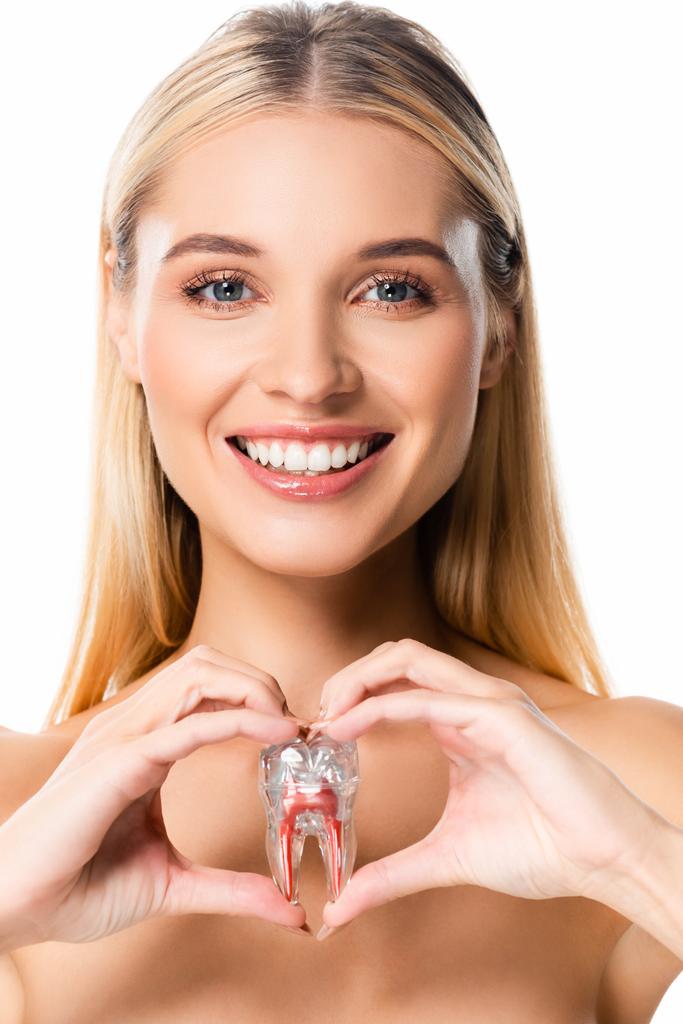 nudo sorridente bionda donna tenendo modello di dente isolato su bianco
 - Foto, immagini