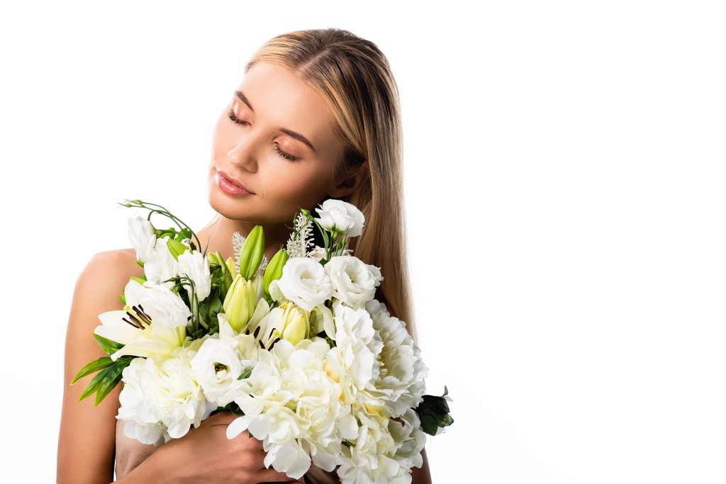 belle femme blonde tenant des fleurs isolées sur blanc
 - Photo, image