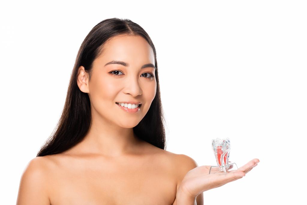 happy naked asian woman holding tooth model isolated on white with copy space - Photo, Image