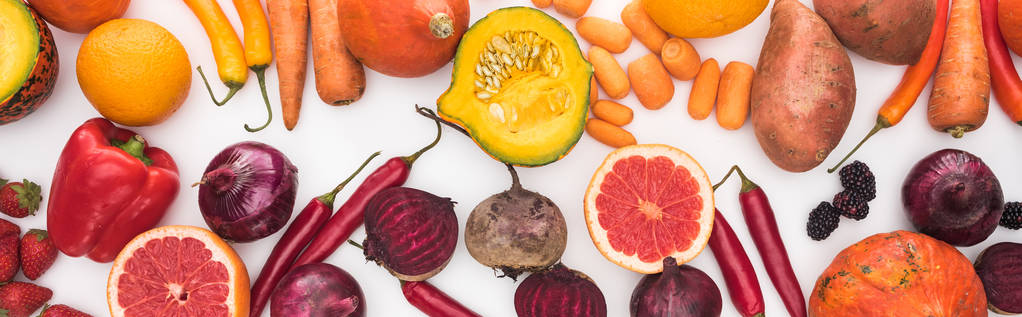 панорамный снимок красочных свежих овощей и фруктов на белом фоне
 - Фото, изображение