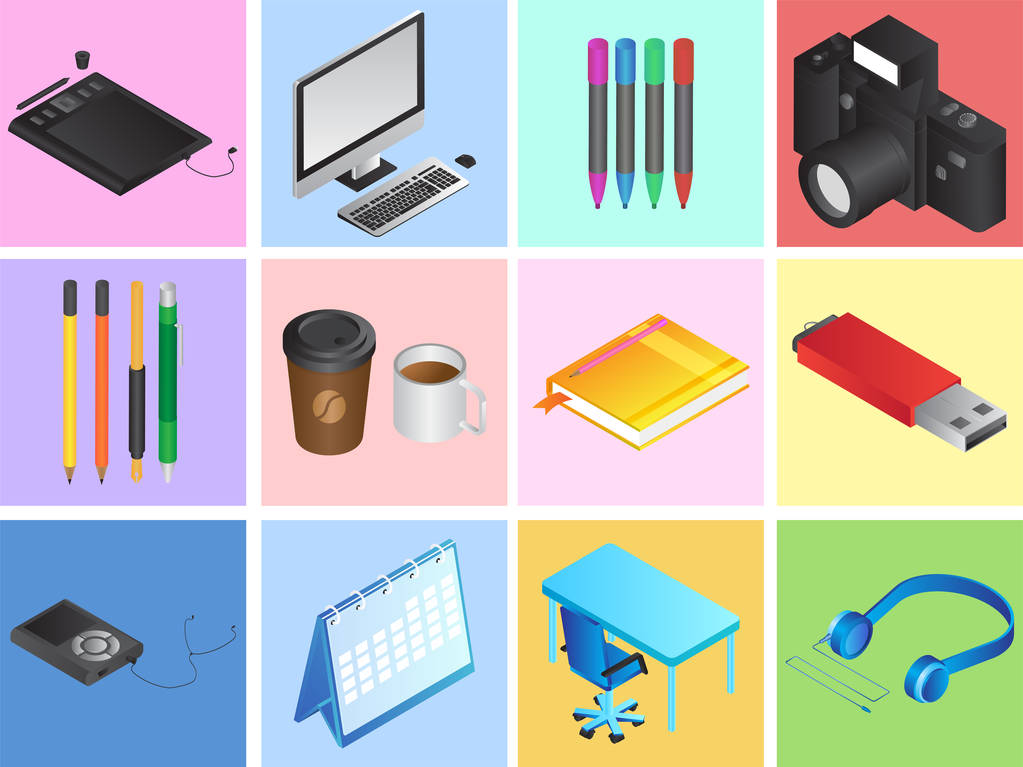 Conjunto de herramientas de diseño gráfico sobre diferentes fondos de color
. - Vector, Imagen