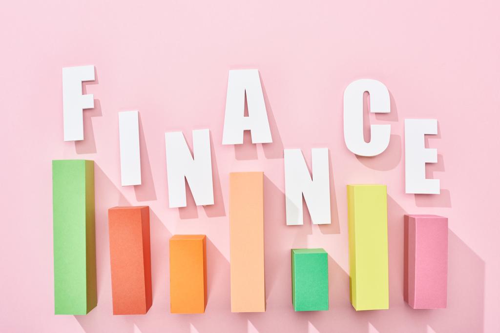 Widok z góry na napis finansowy z kolorowym grafie na różowym tle - Zdjęcie, obraz