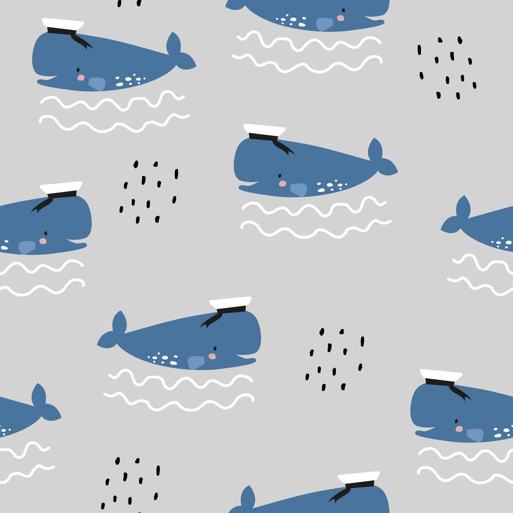 Naadloze patroon met schattige potvis. Een walvis in Scandinavische stijl. Voor bedrukking op stof, papier, kinderkleding. - Vector, afbeelding