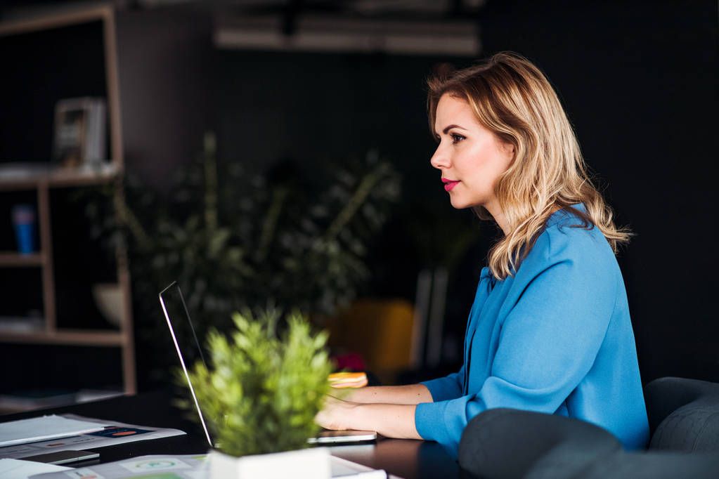 Giovane donna d'affari con computer portatile seduta in un ufficio, al lavoro
. - Foto, immagini
