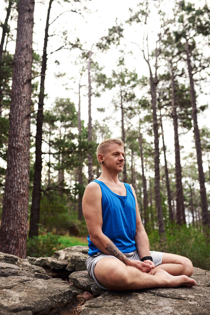 Мужчина, сидящий со скрещенными ногами на камне и медитирующий, занимаясь йогой в одиночестве в сосновом лесу
 - Фото, изображение