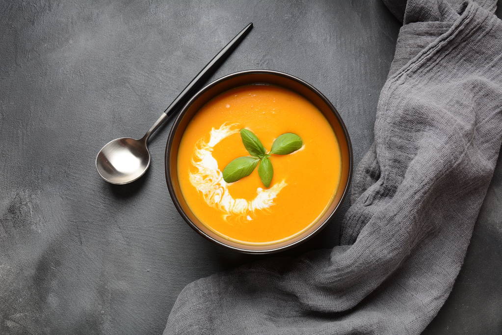 Чашка тыквы и суп с морковным кремом. Осенняя концепция веганского супа
 - Фото, изображение