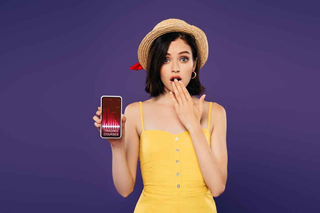 Mädchen mit Strohhut zeigt Ideengeste und hält Smartphone mit Trading-Kurs-App isoliert auf lila - Foto, Bild