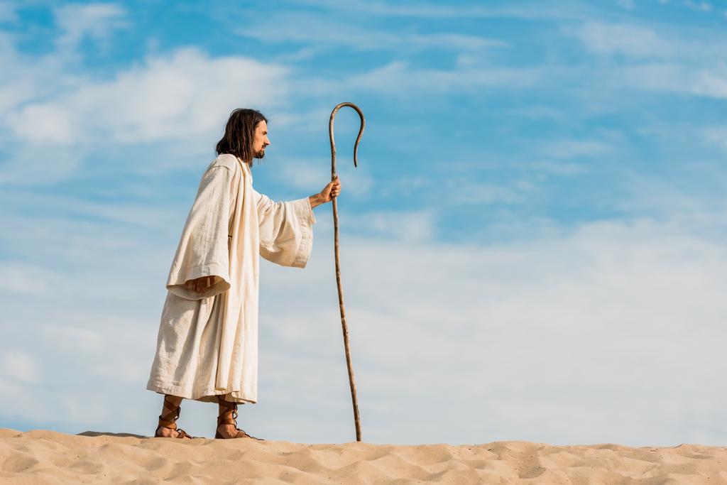 przystojny Brodaty człowiek trzyma drewniany trzcina i chodzenie w pustyni  - Zdjęcie, obraz