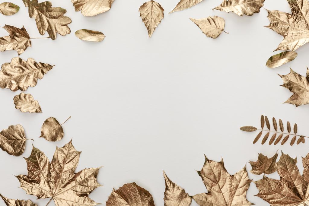 frame of golden foliage on white background with copy space - Photo, Image