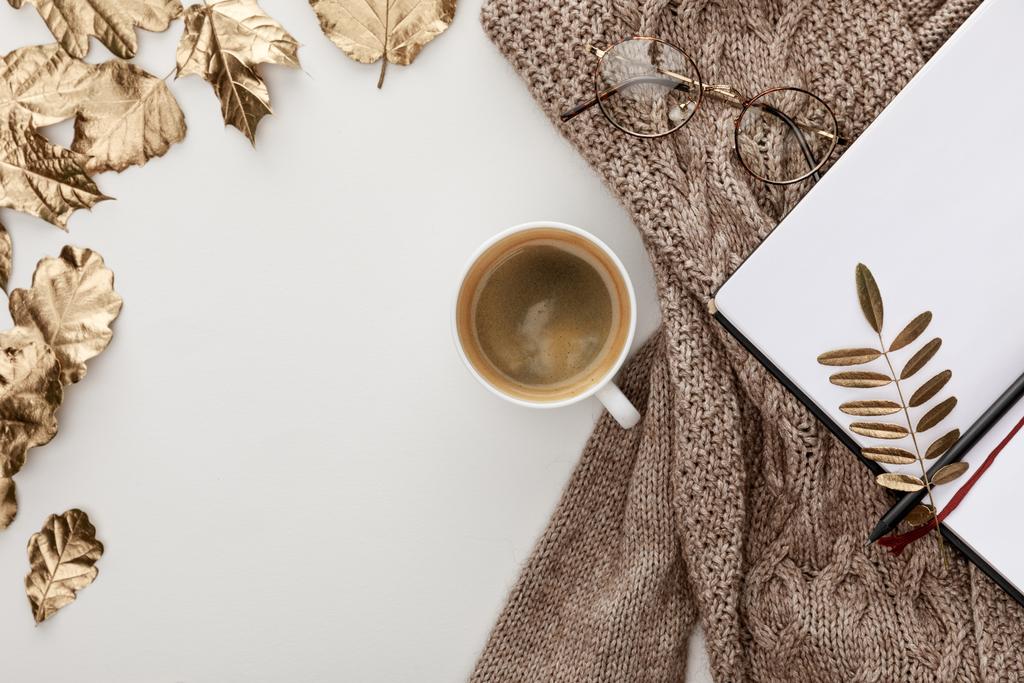 pohled na pletený hnědý svetr, brýle, kávu, prázdný zápisník a zlatý listoví na bílém pozadí - Fotografie, Obrázek