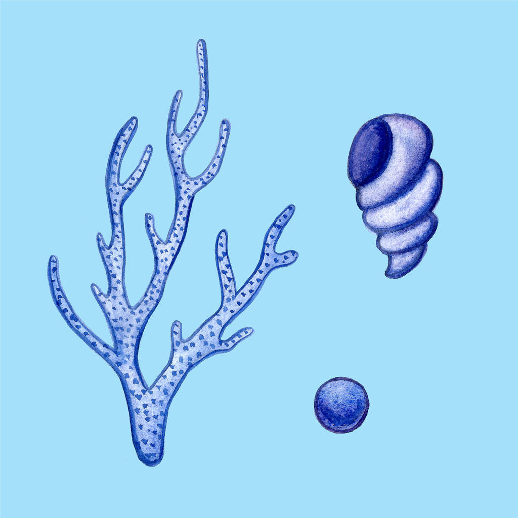 Hand verf aquarel koraal zee oceaan pictogram set design schroot boek papier, textiel, websites - Foto, afbeelding
