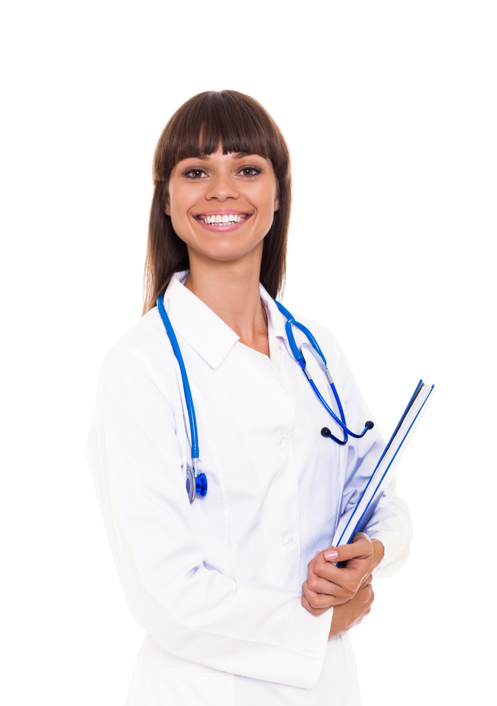 Médico médico mulher sorriso com estetoscópio e pasta azul
 - Foto, Imagem
