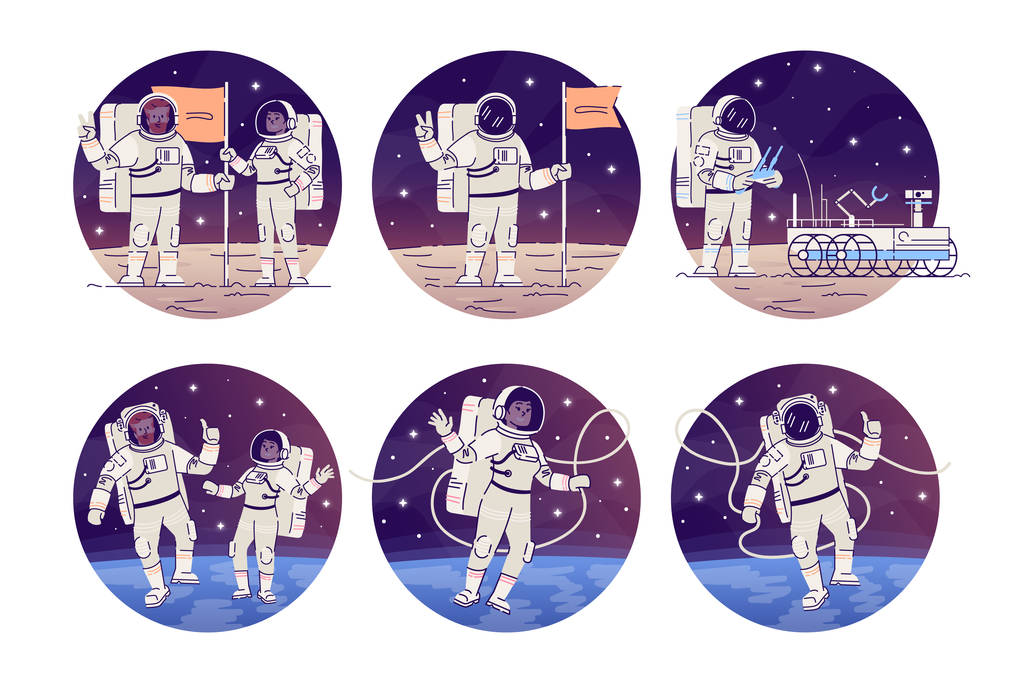 Astronauten im Weltraum flache Konzept-Symbole gesetzt. Kosmonauten, die in der Schwerelosigkeit fliegen, Fahnenaufkleber kleben, Cliparts packen. Alien Planet, Mondlandung isolierte Cartoon-Illustrationen auf weißem Hintergrund - Vektor, Bild
