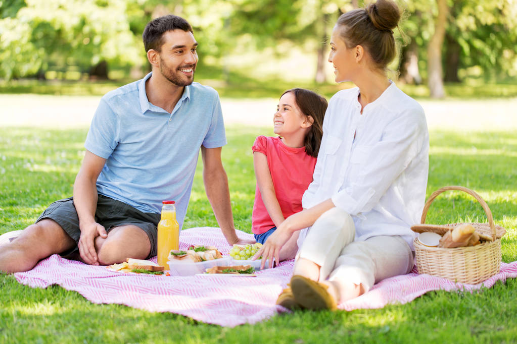 familia feliz teniendo un picnic en el parque de verano - Foto, Imagen