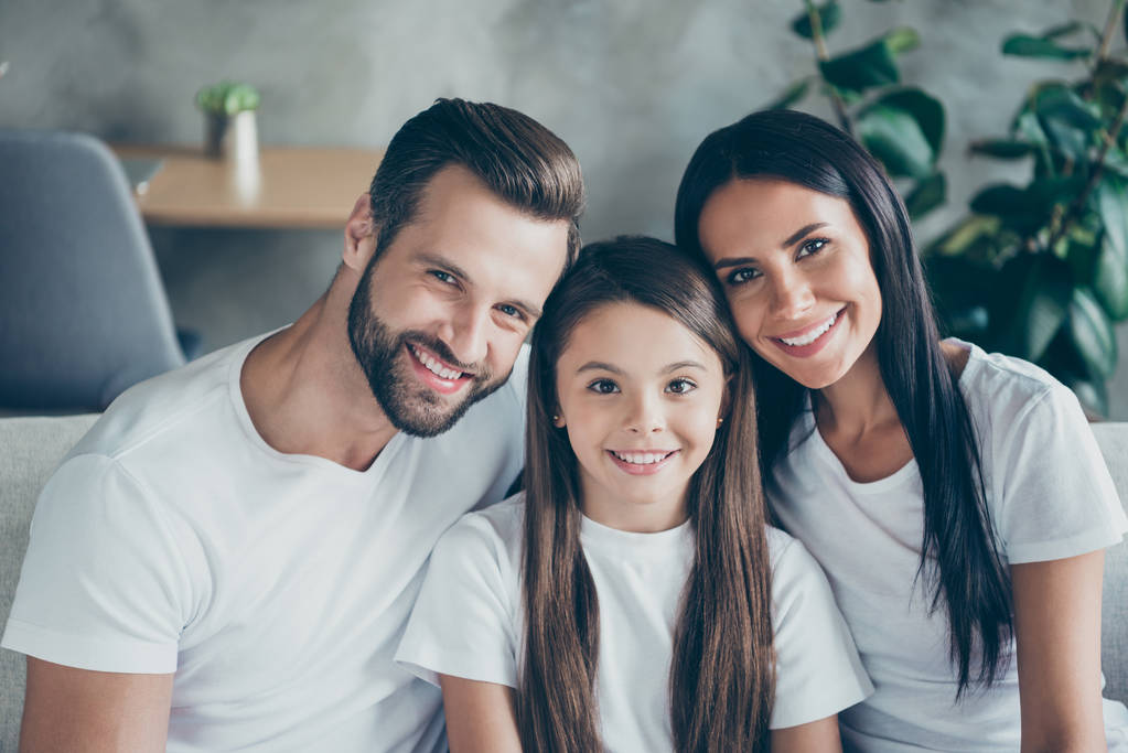 Close-up portrait of nice attractive lovely shine kind cute charming cheerful cheery perfect family enjoying spending time holiday together indoors - Photo, Image
