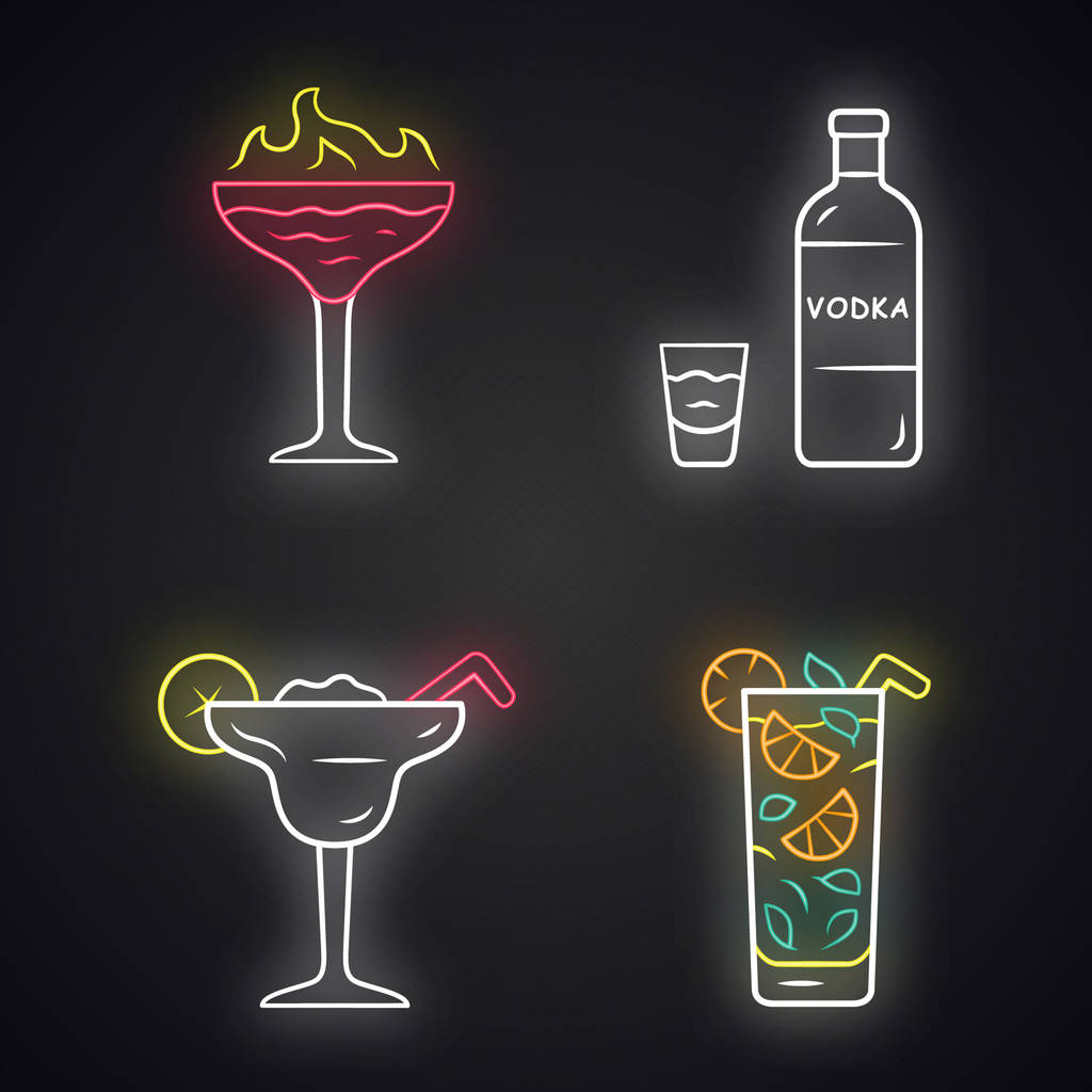 Drankjes neon licht icons set. Vlaming schot, Margarita, mojito, vo - Vector, afbeelding