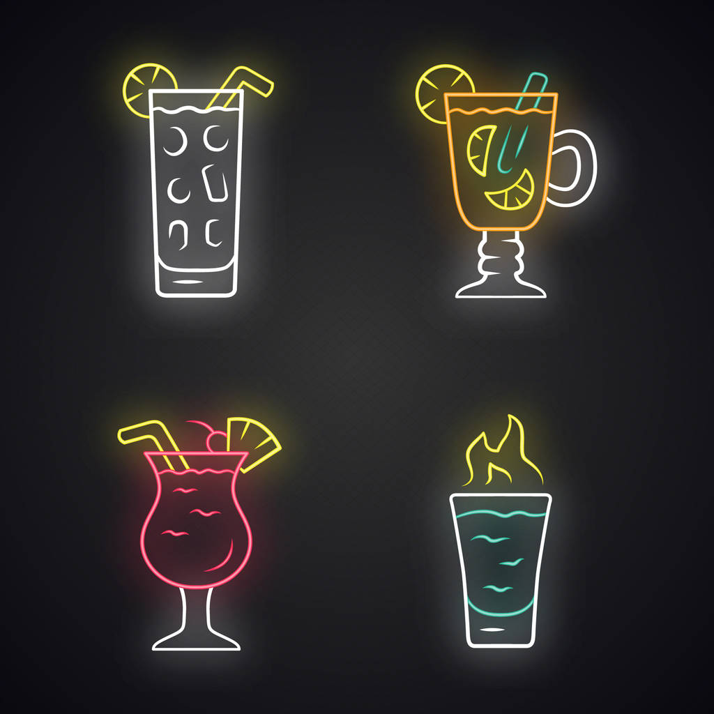 Drankjes neon licht icons set. Cocktail in Highball glas, Hot Tod - Vector, afbeelding