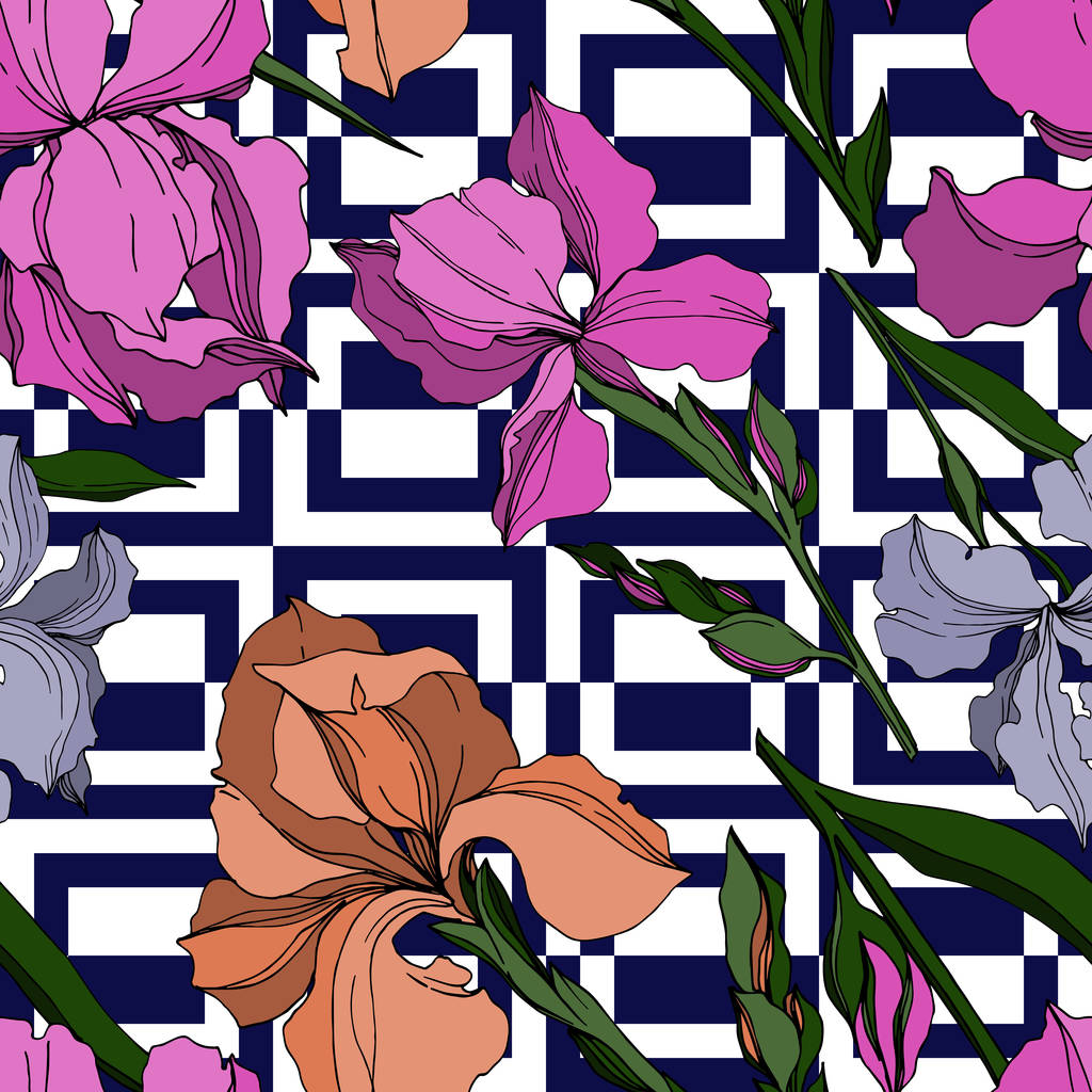 Vector Iris bloemen botanische bloemen. Zwart-wit gegraveerd Ink Art. Naadloos achtergrond patroon. - Vector, afbeelding