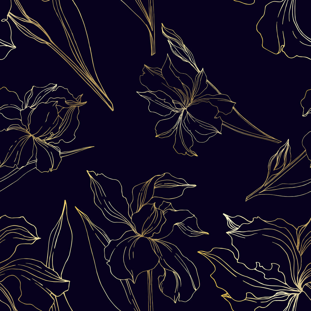ベクトルアイリス花植物の花。黒と白の彫刻インクアート。シームレスな背景パターン. - ベクター画像