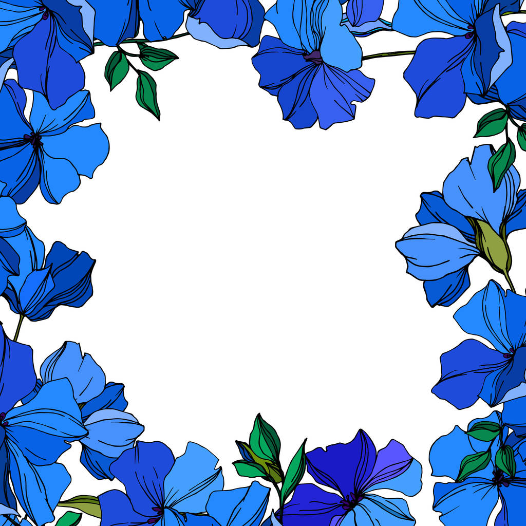 Vector Flax цветочные ботанические цветы. Синие и зеленые гравированные чернила. Граничный орнамент
. - Вектор,изображение