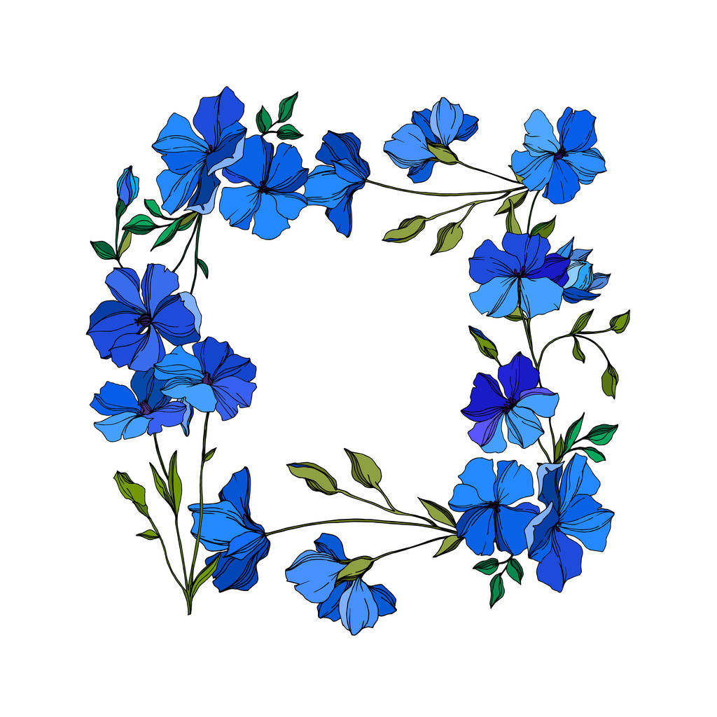 Vecteur Fleurs botaniques florales de lin. Encre gravée bleue et verte. Cadre bordure ornement carré
. - Vecteur, image