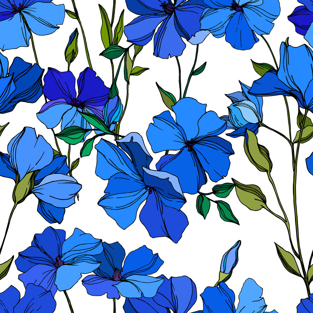 Fiori botanici floreali in lino vettoriale. Inchiostro inciso blu e verde art. Modello di sfondo senza soluzione di continuità
. - Vettoriali, immagini
