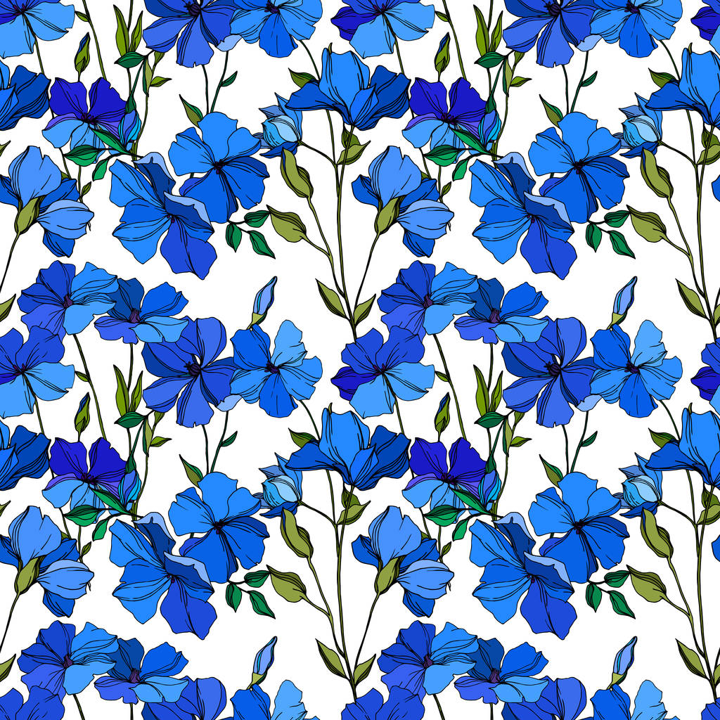 Vector Flax flores botánicas florales. Tinta grabada azul y verde. Patrón de fondo sin costuras
. - Vector, imagen