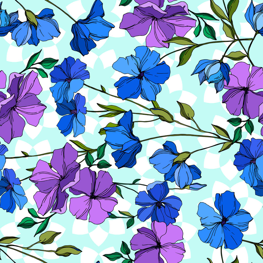 Vector Flax kwiatowy kwiatów botanicznych. Niebieska i fioletowa grawerowana sztuka atramentu. Płynny wzór tła. - Wektor, obraz