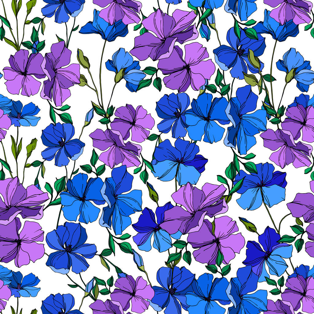 Vector Flax kwiatowy kwiatów botanicznych. Niebieska i fioletowa grawerowana sztuka atramentu. Płynny wzór tła. - Wektor, obraz