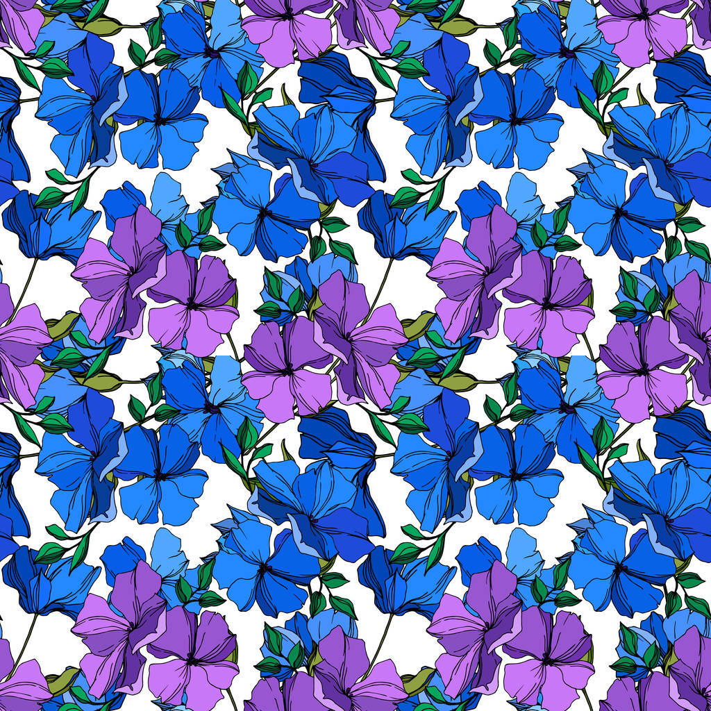 Vektor len virágos botanikai virágok. Kék és lila vésett tinta művészet. Folytonos háttérmintázat. - Vektor, kép