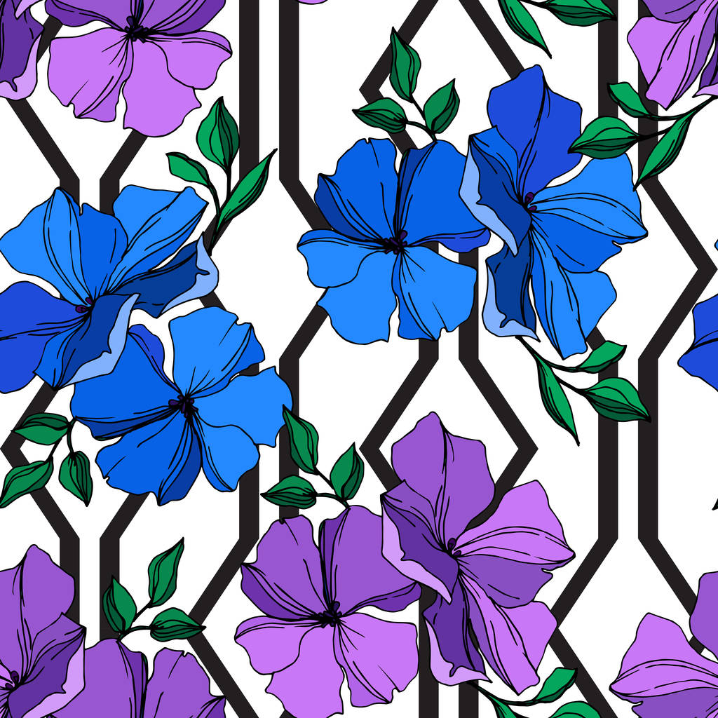 Vector Flax flores botánicas florales. Arte de tinta grabada azul y violeta. Patrón de fondo sin costuras
. - Vector, imagen