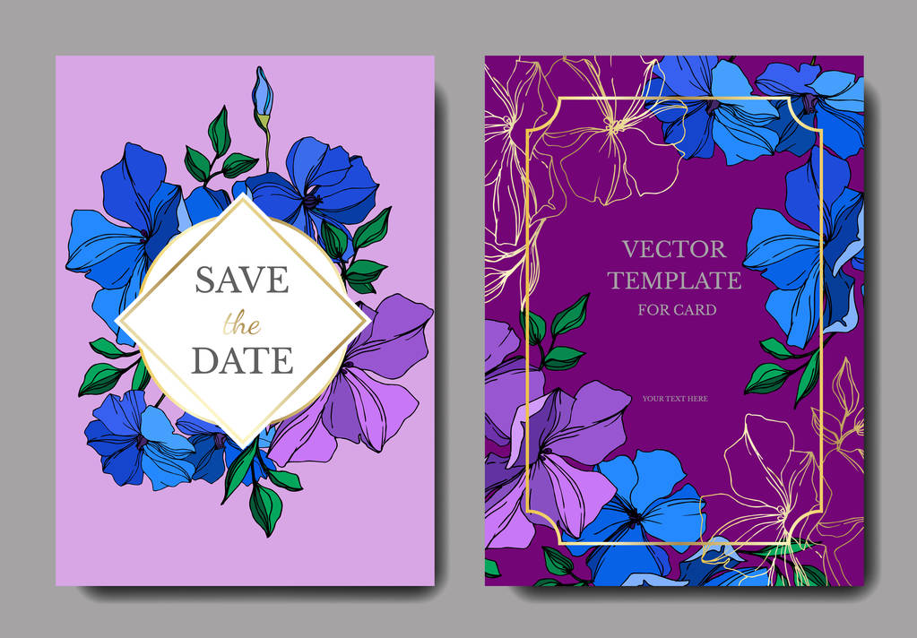 Vecteur Fleurs botaniques florales de lin. Encre gravée violette et bleue. Carte de fond de mariage bordure décorative
. - Vecteur, image