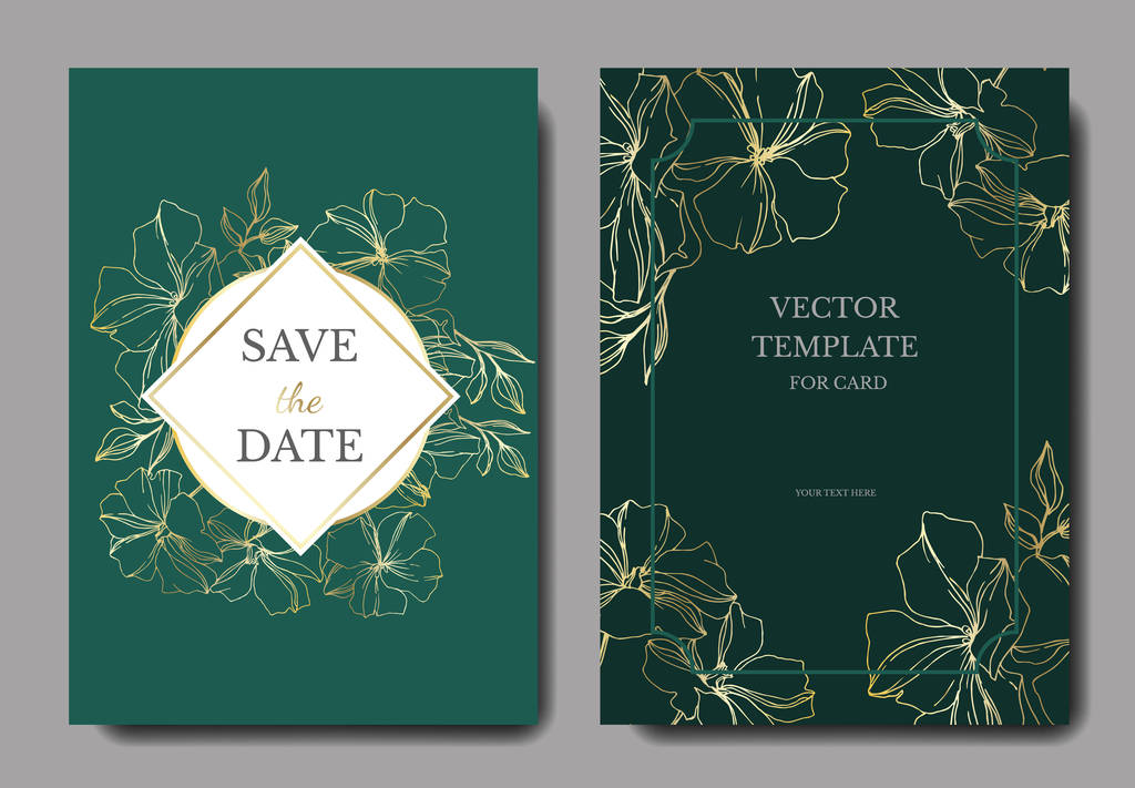 Vector Flax floral botanical flowers. Golden engraved ink art. Wedding background card decorative border. - Vector, Image