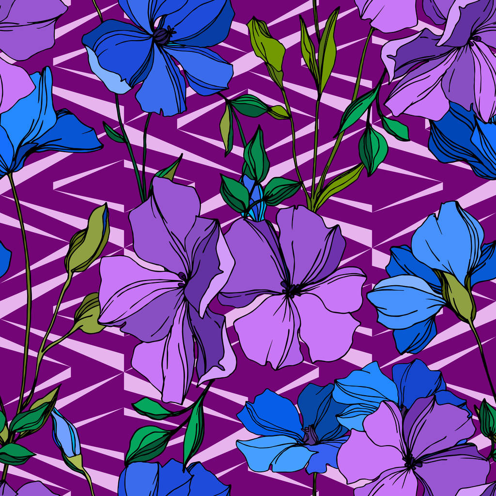 Vektor len virágos botanikai virágok. Kék és lila vésett tinta művészet. Folytonos háttérmintázat. - Vektor, kép