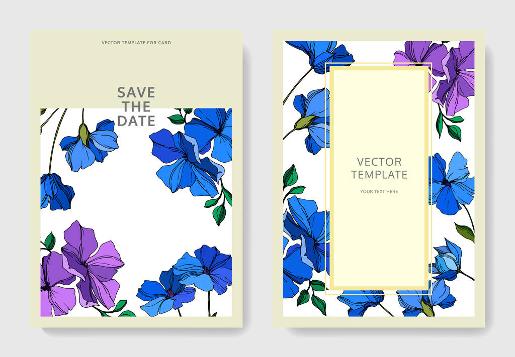 Vector Flax flores botânicas florais. Arte de tinta gravada violeta e azul. Casamento cartão de fundo borda decorativa
. - Vetor, Imagem