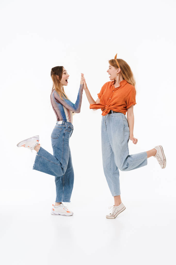 Full length portrait of two positive girls wearing casual clothe - Photo, Image
