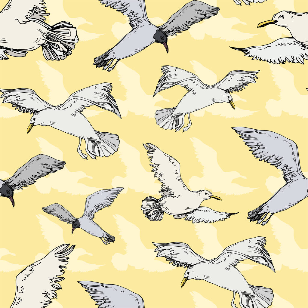 Sky Bird Seagull in een Wildlife. Zwart-wit gegraveerd Ink Art. Naadloos achtergrond patroon. - Vector, afbeelding