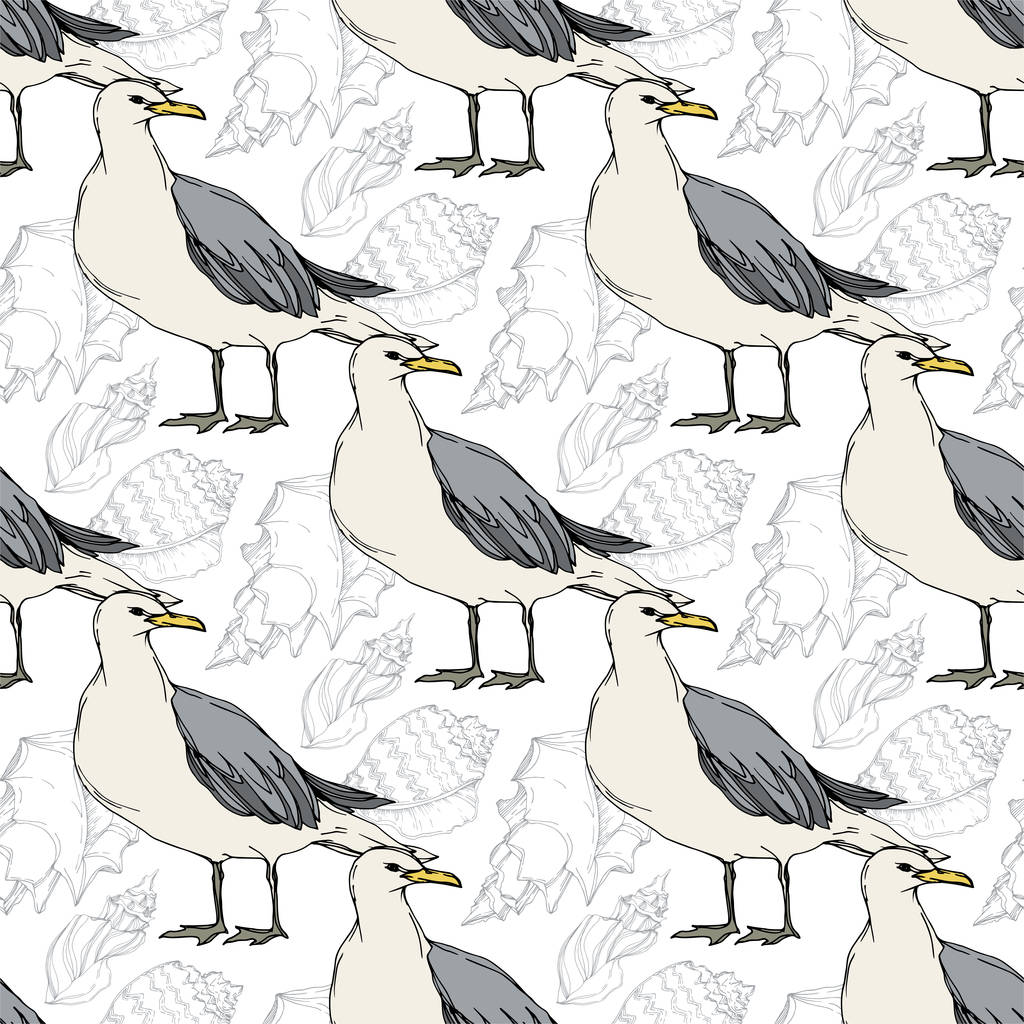 Niebo ptak Seagull w dzikiej przyrody. Czarno-biała grawerowana sztuka atramentu. Płynny wzór tła. - Wektor, obraz