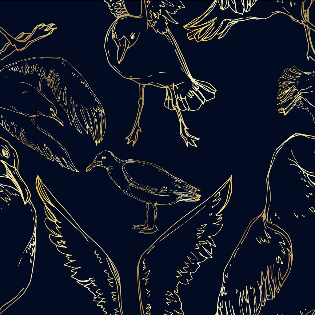 Vector Sky vogel zeemeeuw in een Wildlife. Zwart-wit gegraveerd Ink Art. Naadloos achtergrond patroon. - Vector, afbeelding