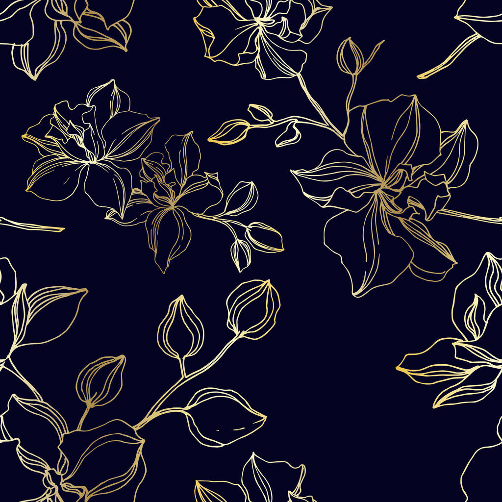 Fiori botanici floreali del Orchid del vettore. Inchiostro nero e oro inciso art. Modello di sfondo senza soluzione di continuità
. - Vettoriali, immagini
