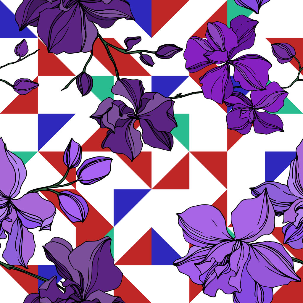 ベクトル蘭の花の植物の花。黒と紫の彫刻インクアート。シームレスな背景パターン. - ベクター画像