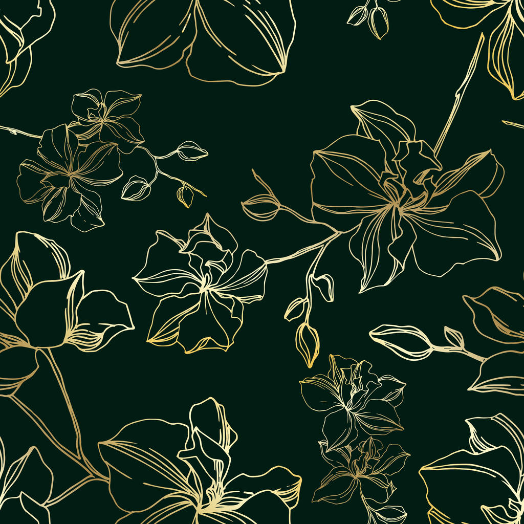 Fleurs botaniques florales d'orchidée de vecteur. Encre gravée noir et or. Modèle de fond sans couture
. - Vecteur, image