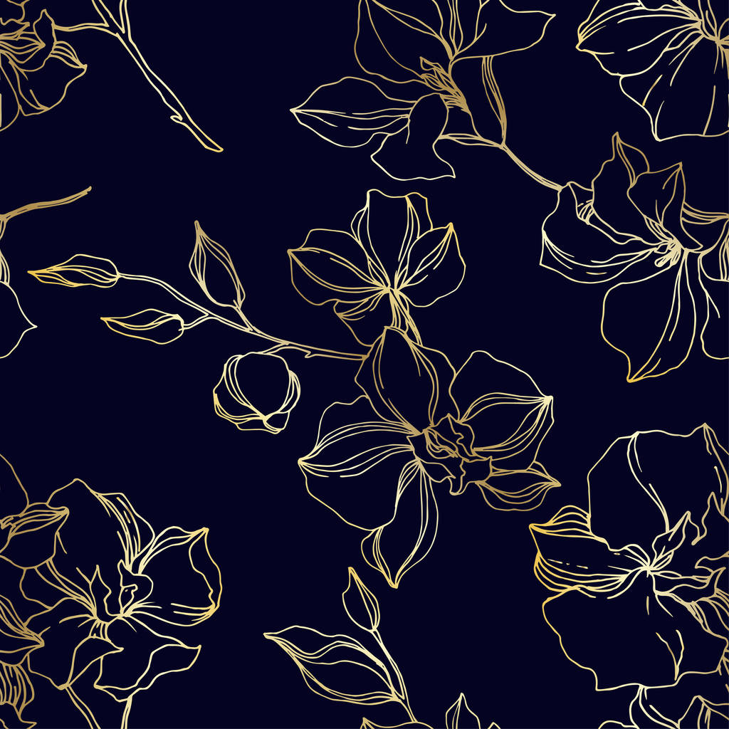 ベクトル蘭の花の植物の花。黒と白の彫刻インクアート。シームレスな背景パターン. - ベクター画像