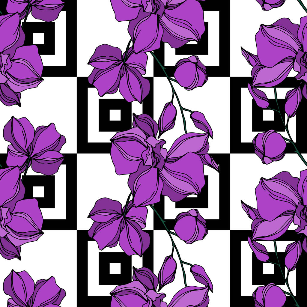 Vector Orchid flores botánicas florales. Tinta grabada en blanco y negro. Patrón de fondo sin costuras
. - Vector, Imagen