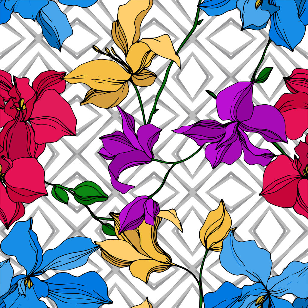 ベクトル蘭の花の植物の花。黒と白の彫刻インクアート。シームレスな背景パターン. - ベクター画像